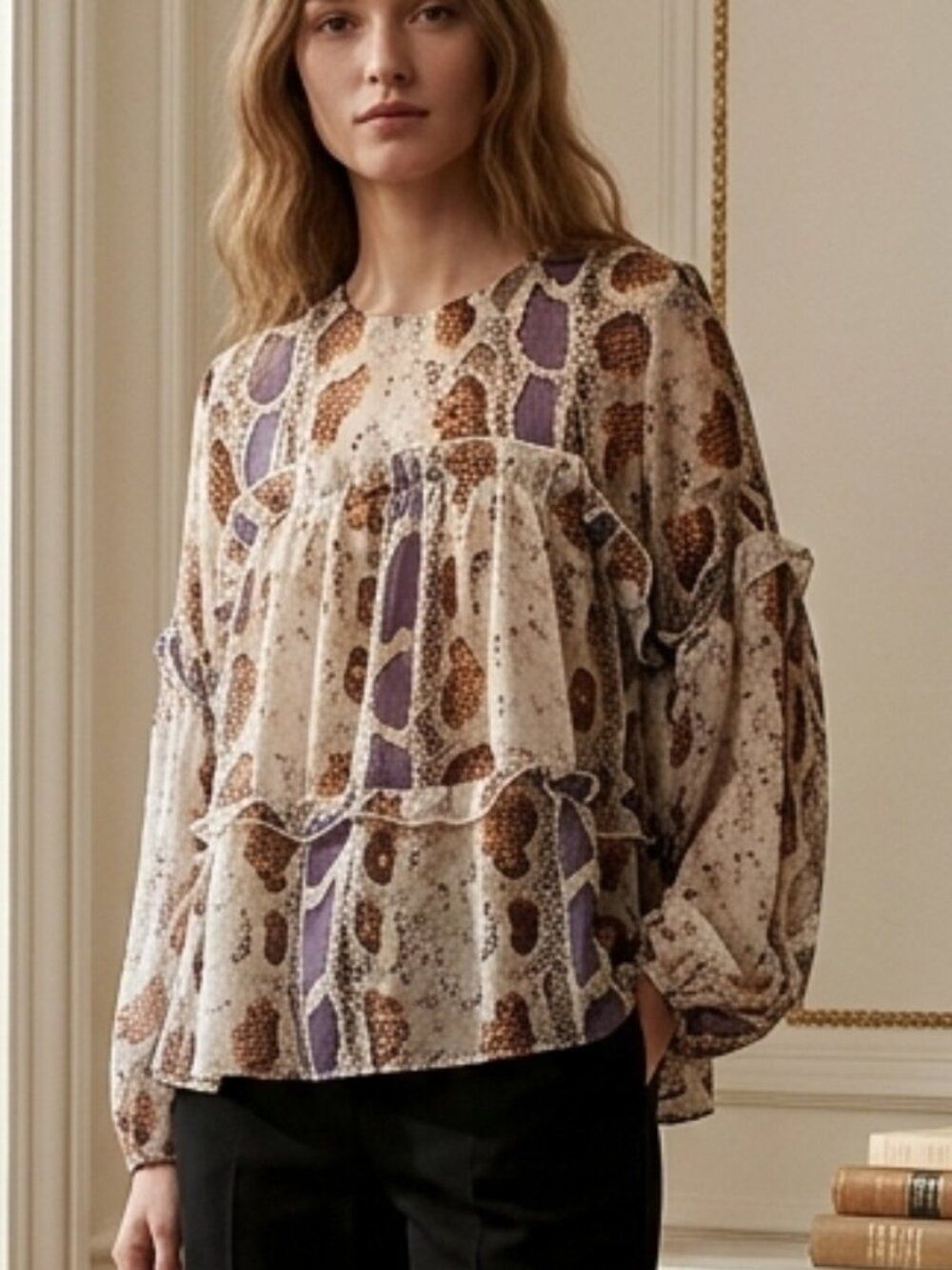 TCEC Snakeskin Print Tiered Drop Shoulder Long Sleeve Top - Boho Chic - Size S